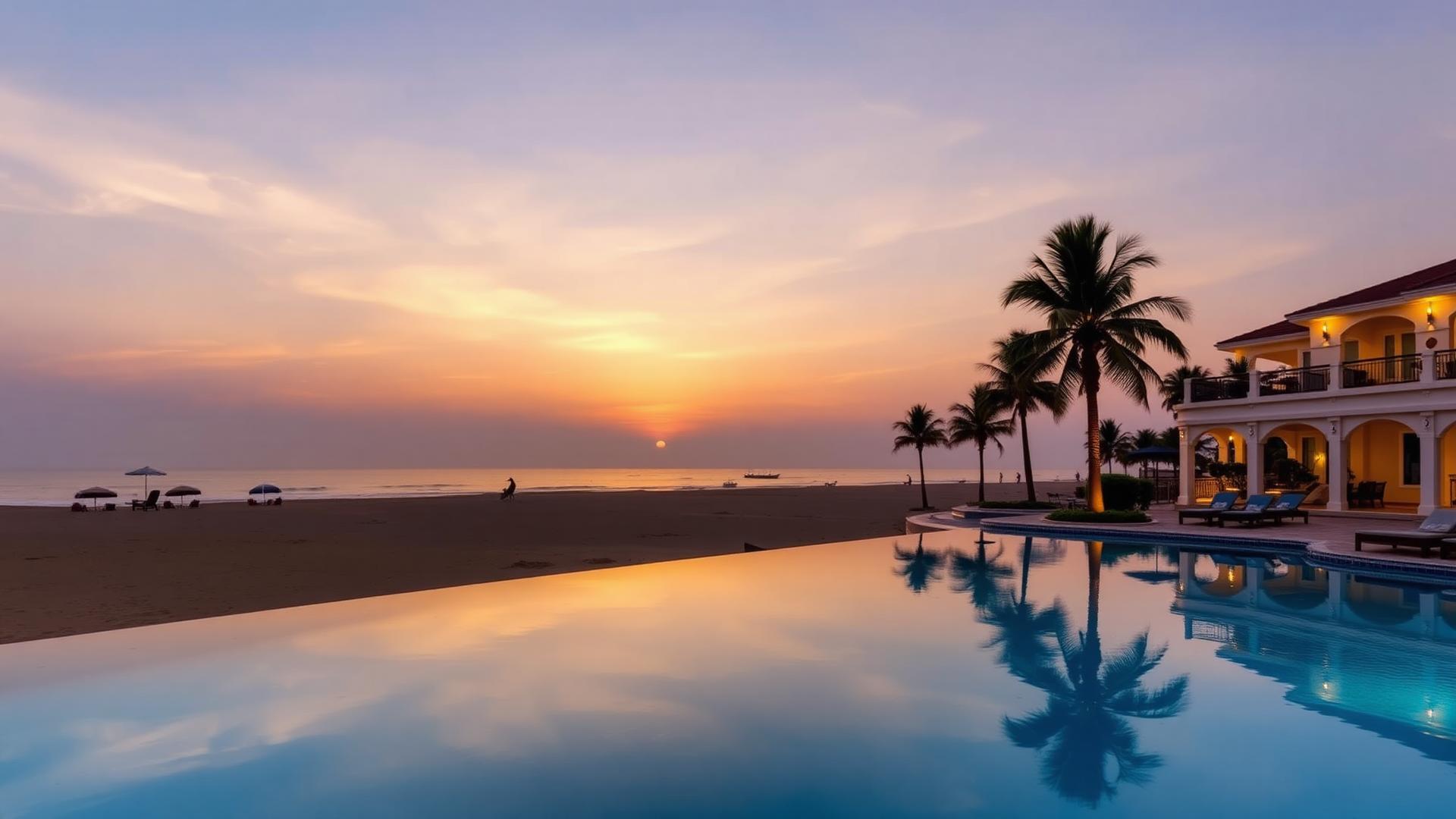 Prithviraj 5-Star Hotel, Puri — beachfront pool at sunset