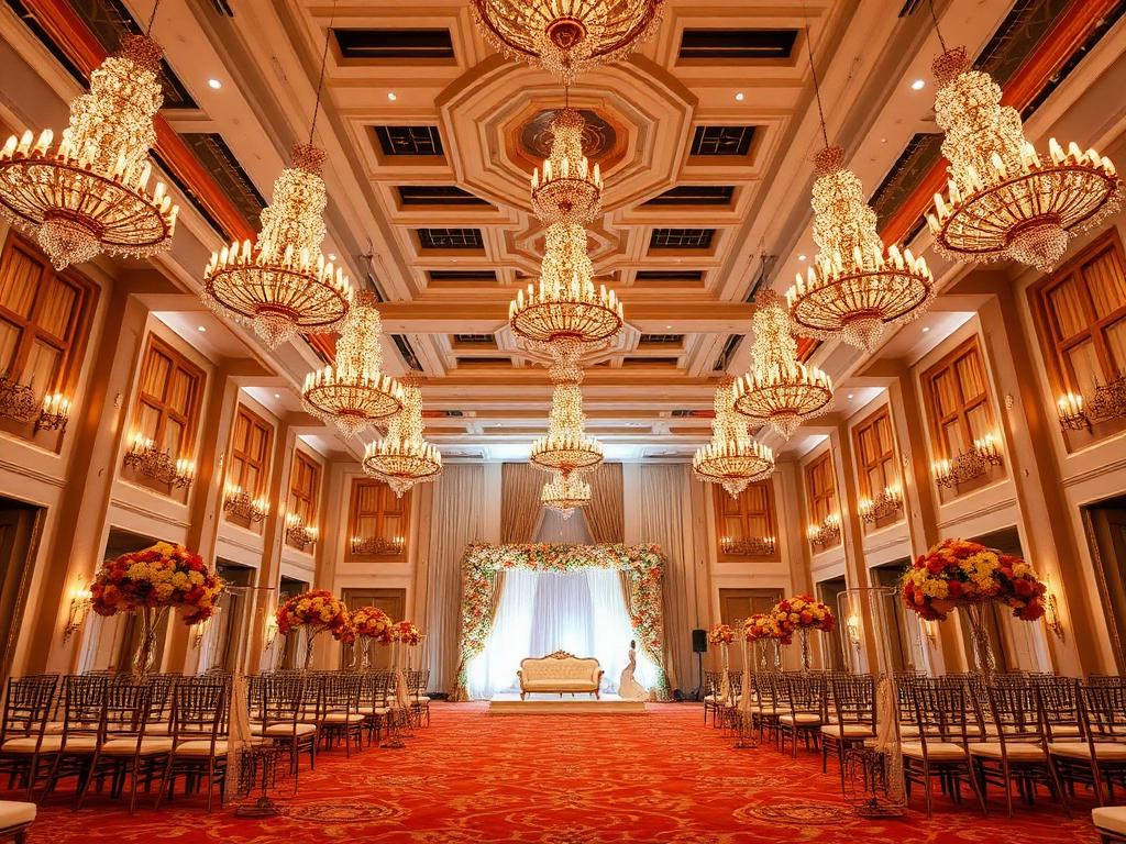Grand banquet hall prepared for a destination wedding